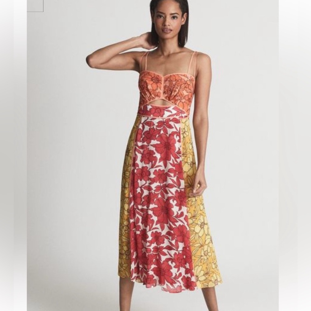 Reiss Orange and Yellow and Coral Midi Dress